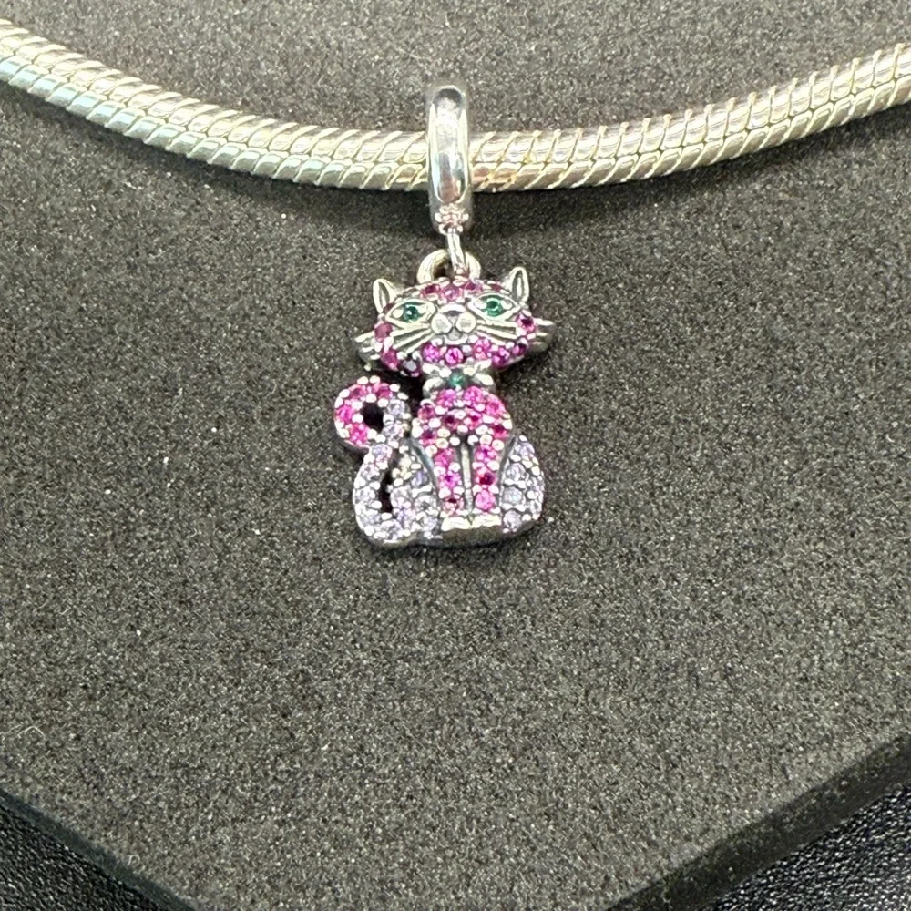 Sterling Silver Pink Crystal Cat Dangle Charm